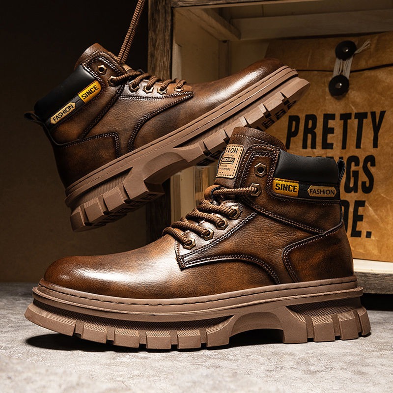 Leather Work Boots - Sepatu Bot Pergelangan Kaki Platform Pria