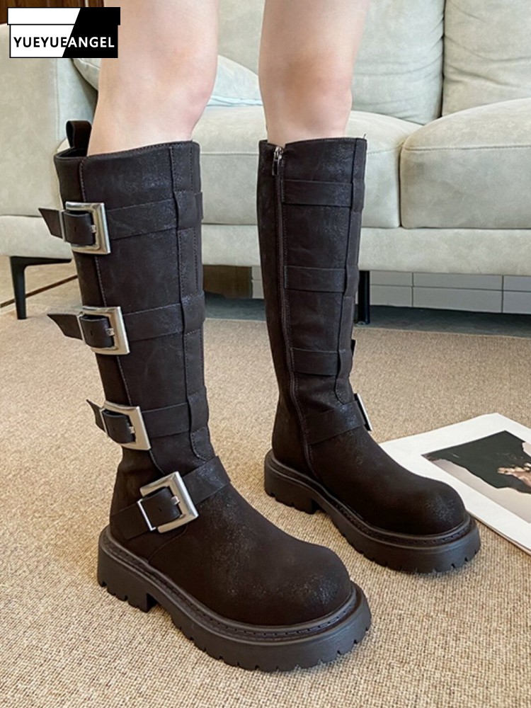 Leather Work Boots - Sepatu Bot Wanita Model Multi Buckle