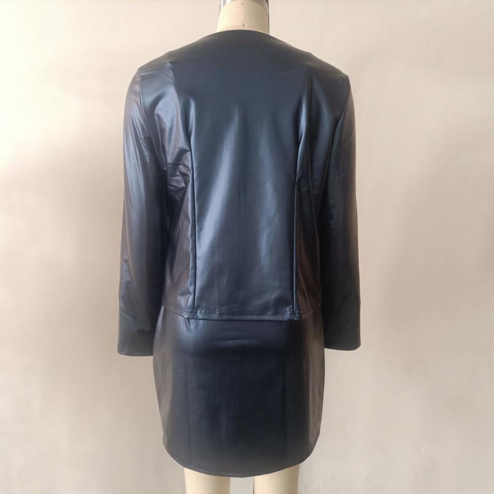 Leather Work Outfit - Setelan Rok Kulit Imitasi Wanita, Setelan